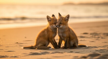 Naklejka premium Two fox cubs sitting closely together on a beach at golden hour, gazing calmly ahead.