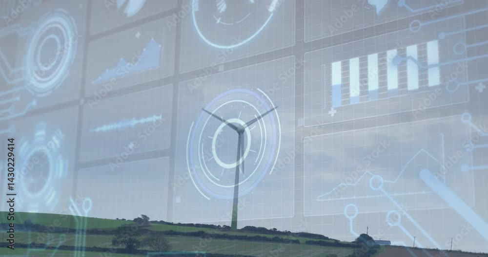 Poster wind turbine generating energy while dashboard showing charts and network diagrams in flat design