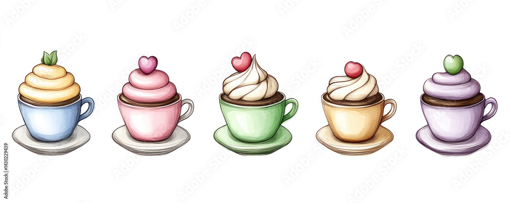 Poster a row of cupcakes with hearts on top and a variety of colors. the cupcakes are arranged in a row and