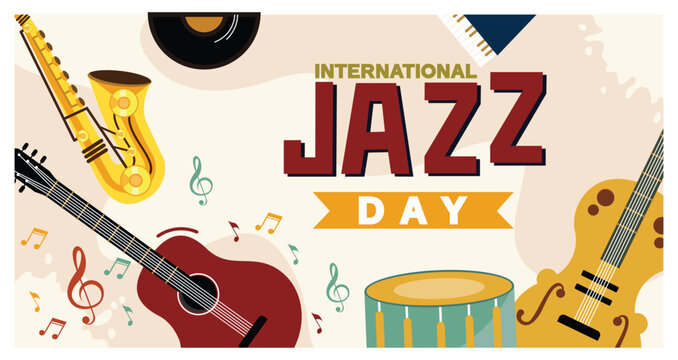 Celebrating International Jazz Day with guitar, saxophone, drums, piano and musical notes.