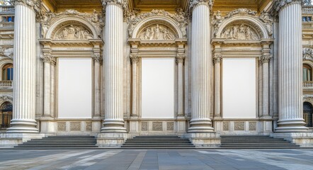 Obraz premium Four clean, blank banners perfectly frame the sturdy pillars in this classic architectural facade that incorporates pillars and banners