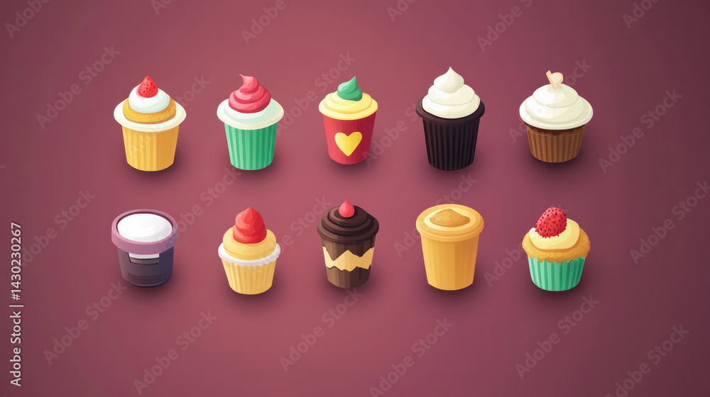 Poster a collection of cupcakes with various flavors and toppings. the cupcakes are arranged in a row, with