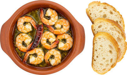 Gambas al Ajillo in Rustic Terracotta Dish with Sliced Crusty Bread
