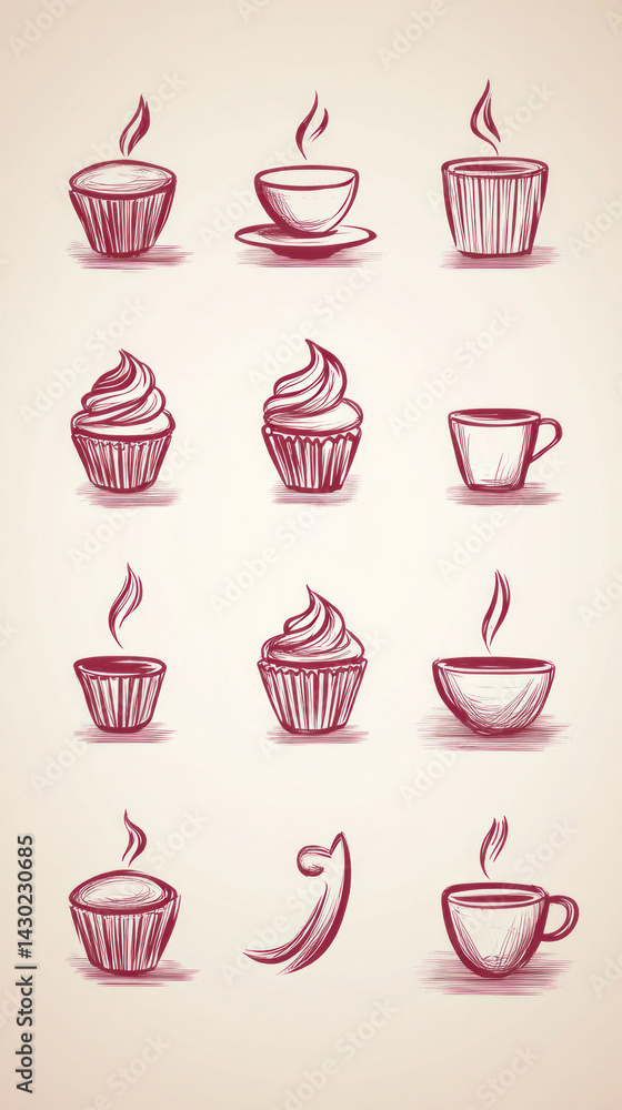 Poster a set of drawings of coffee cups and cupcakes with steam rising from them. the drawings are in a cur
