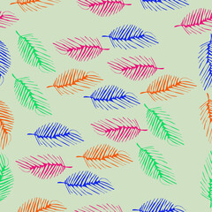 Seamleaa doodle colored  palm leaves. Hand drawn.