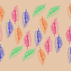 Horizontal decorative  colored  palm leaves. Hand drawn.
