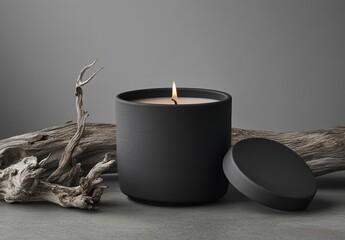 A black candle tin, accompanied by its lid and a piece of driftwood, presents a serene and visually appealing scene