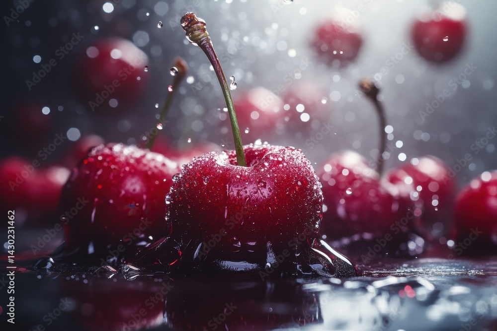 Poster fresh cherries splashed with water droplets create a vibrant and appetizing display