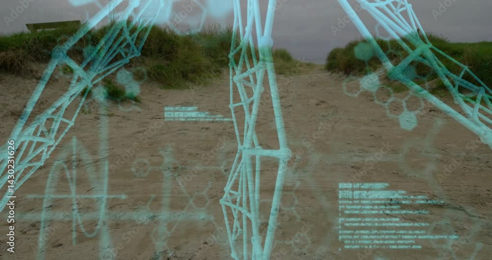 Poster translucent holographic molecular diagrams floating over sandy dune path, displaying data graphs