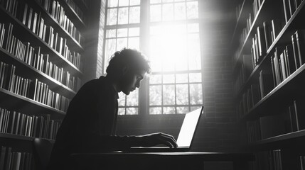 Silhouetted man using laptop in a sunlit library, surrounded by bookshelves.