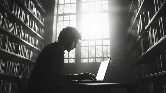 Silhouetted man using laptop in a sunlit library, surrounded by bookshelves.