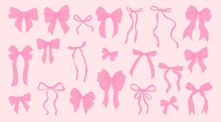 Set of pink romantic coquette bows on a pink background. Vector illustration