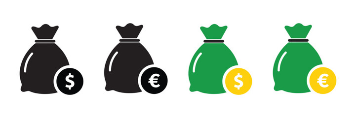 Dollar budget and Euro Concept. Money Bags in dollars and euros. Money Bag Icon