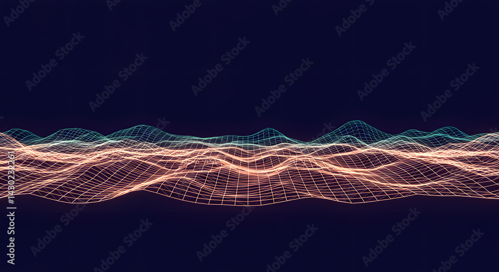 Poster abstract technology landscape wireframe with glowing waves and data streams