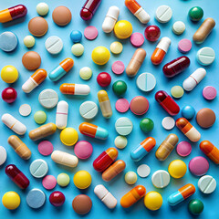 top view different pills on blue background