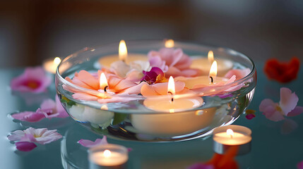A wedding table centerpiece with floating candles and flowers