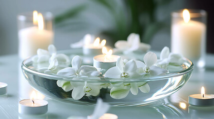 A wedding table centerpiece with floating candles and flowers