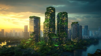 Obraz premium Eco-Friendly Cityscape at Sunset