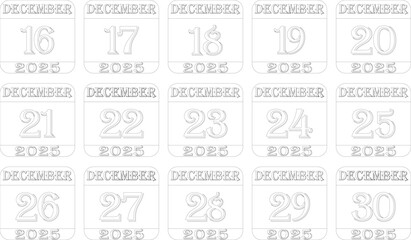 December calendar 2025 line art icon set.Simple design for businessprint media,advertisement.Calendar Event schedule date icon on white background.Agenda plan,dec month schedule calendar,Time planner.