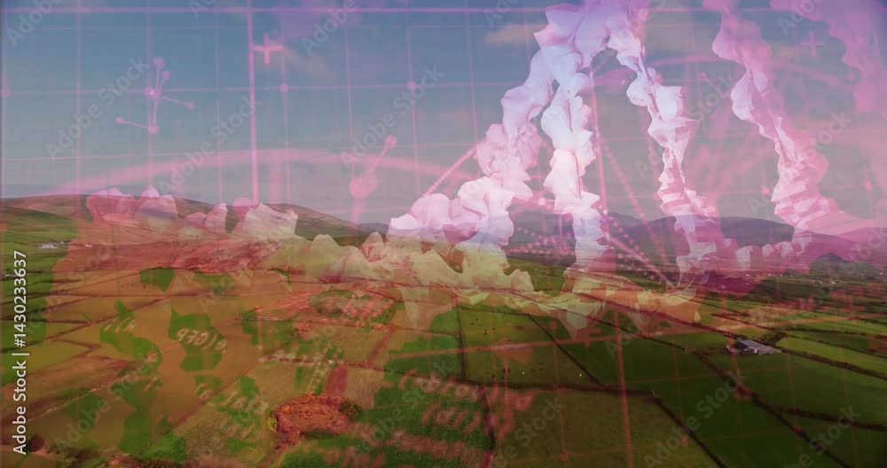 Poster molecular helix grid overlay floating across green farmland patchwork, showing data in flat design