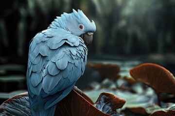 Obraz premium Bright blue bird perched near water lilies in a tranquil, lush environment