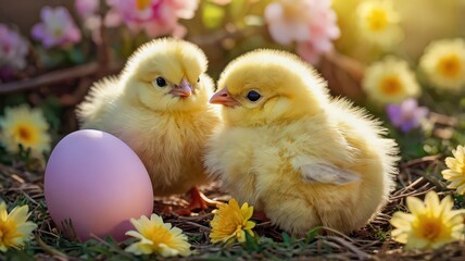 Two fluffy yellow chicks with a pink egg surrounded by flowers in a garden bed