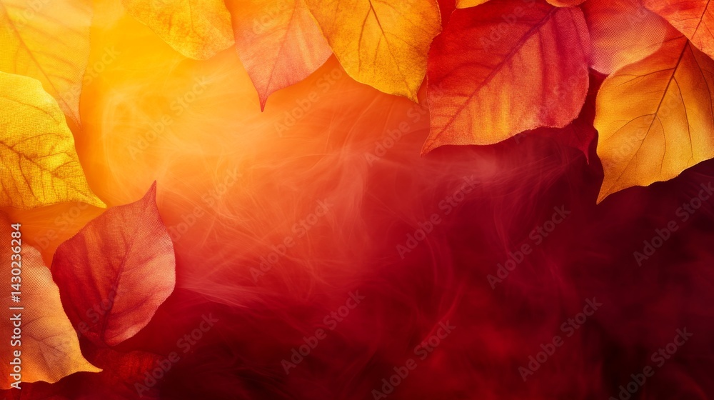 Poster Colorful gradients of red and yellow blend perfectly with delicate outlines of leaves and flowing fabric, offering a dynamic visual ideal for artistic purposes