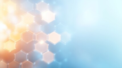 Glowing bokeh lights blend with geometric shapes in a blue and silver palette, creating a high-tech atmosphere ideal for modern design with available copy space