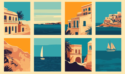 Retro Travel Destination Posters Collection: Crete, Rethymno Greece, Valetta Malta