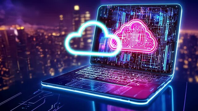 Cloud technology concept. Data center concept. background. laptop, technologies cloud Neon colors, cyber space, Modern illustration network with computer, isometric tablet and smartphone video 4k
