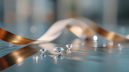 Shimmering Diamonds Gracefully Positioned with Flowing Satin Ribbon on a Reflective Surface