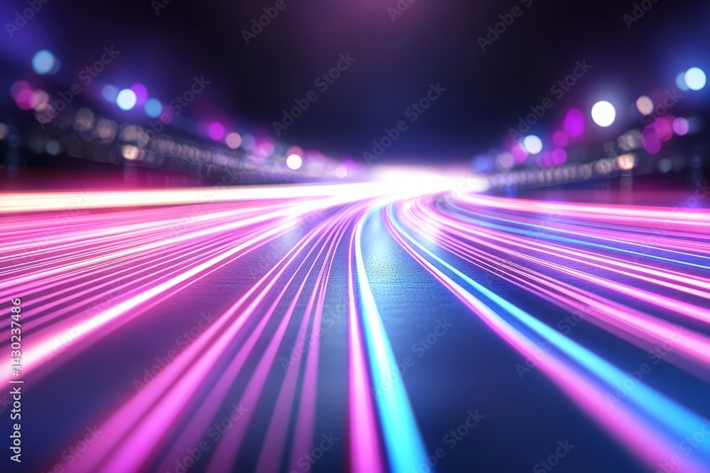 Aufkleber vibrant pink and blue wave lines shine on a dark background, creating a futuristic look. soft bokeh 