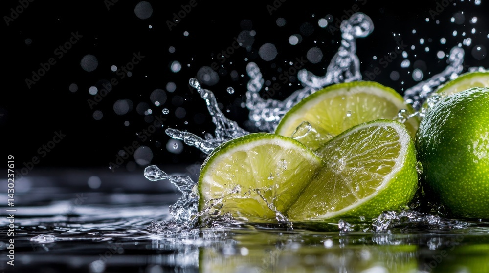 Poster A lime falls into clear water, causing an energetic splash that captures the essence of freshness. The composition includes ample copy space on the right