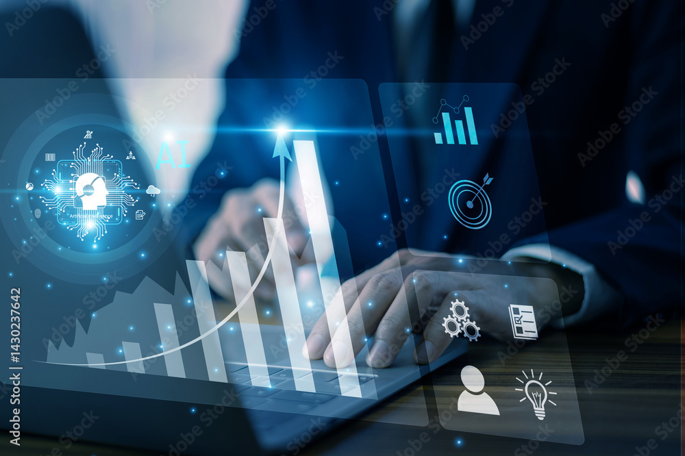 Aufkleber businessman using ai technology to analyze data with futuristic hologram interface on laptop for bus