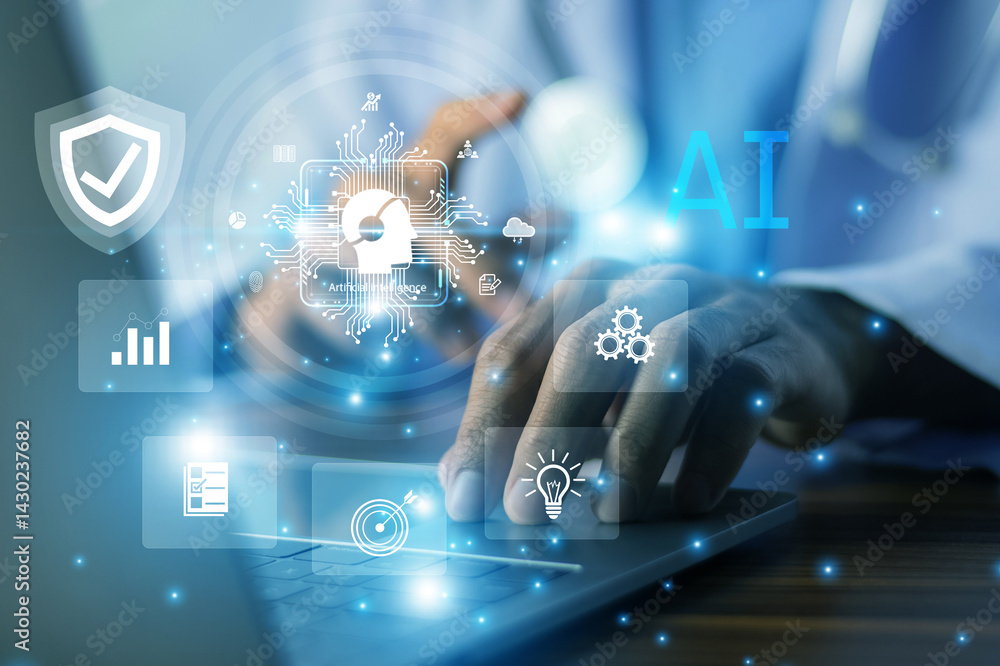 Poster researcher analyzing ai-generated medical data on digital interface for improved patient diagnostics