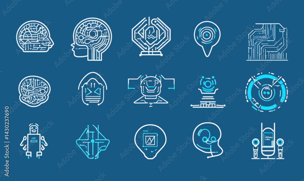 Poster ai technology and machine learning icon set in minimalist style for cybernetic solutions