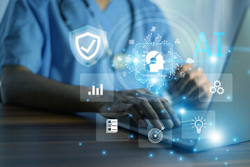 Doctor analyzing healthcare AI system on laptop with futuristic digital medical interface for diagnostics and treatment efficiency