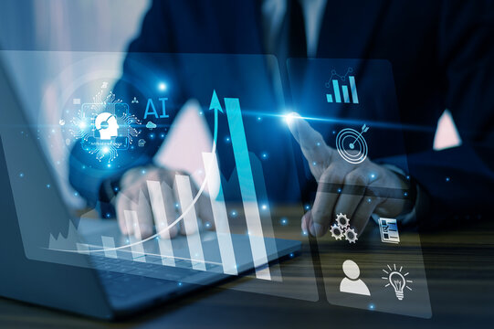 Male executive analyzing marketing performance with virtual dashboard using artificial intelligence and global digital data