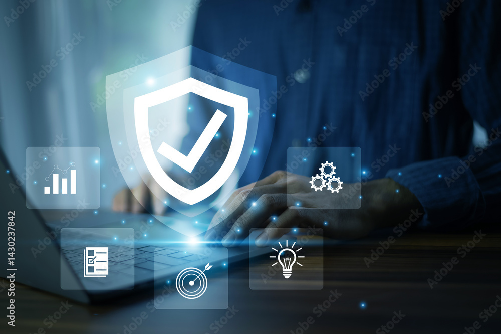 Aufkleber employee using ai-powered security system on laptop for digital asset protection and advanced cyber 