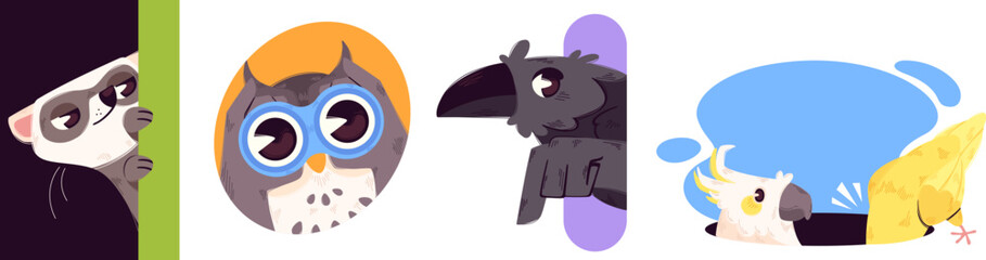 Cute cartoon animal characters peeking out - curious lemur behind wall, wise owl popping from circle, funny parrot emerging from hole shape and looking down inside, black raven peeping from rectangle.