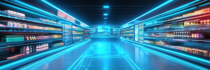 Futuristic Grocery Store: Neon Lights and Aisles of Products