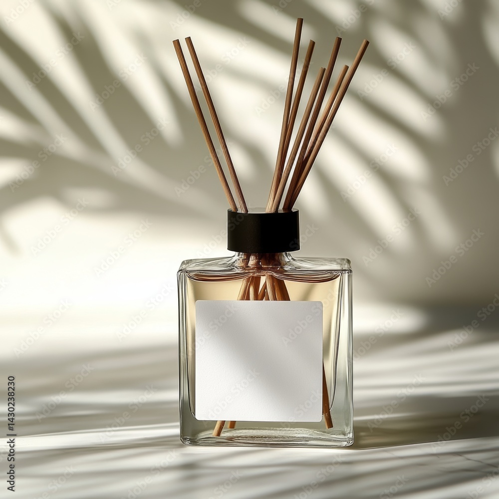 Aufkleber a glass container filled with wooden sticks and an empty label is set against a simple background