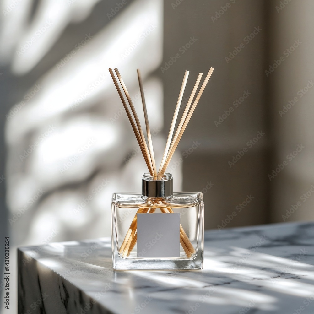 Poster a minimalist background serves as the setting for a glass diffuser that includes wooden sticks and a