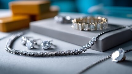 Elegant Jewelry Display with Diamond Earrings, Necklace, and Bracelet on a Soft Surface