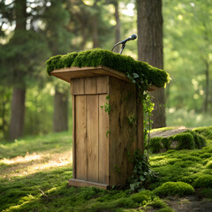 wooden podium with green moss natural and organic