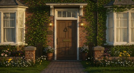 Charming Cottage Entrance: A Picturesque Home Exterior at Sunset