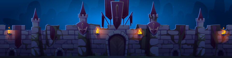 Fototapeta na wymiar Medieval castle wall at night, ancient fortress exterior. Stone towers with conical roofs, arched gate, burning torches under dark sky and moonlight. Fantasy kingdom setting for game level design.