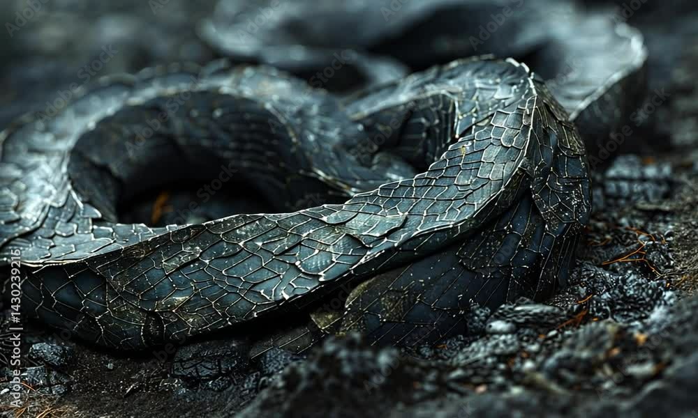 Aufkleber close-up of a coiled black snake resting on textured ground with natural elements in the background