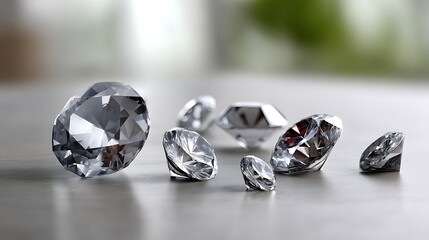 Beautifully Cut Sparkling Diamonds Scattered on a Light Surface with Soft Focus Background