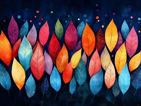 Colorful leaves pattern against a dark blue background with floating colorful circles